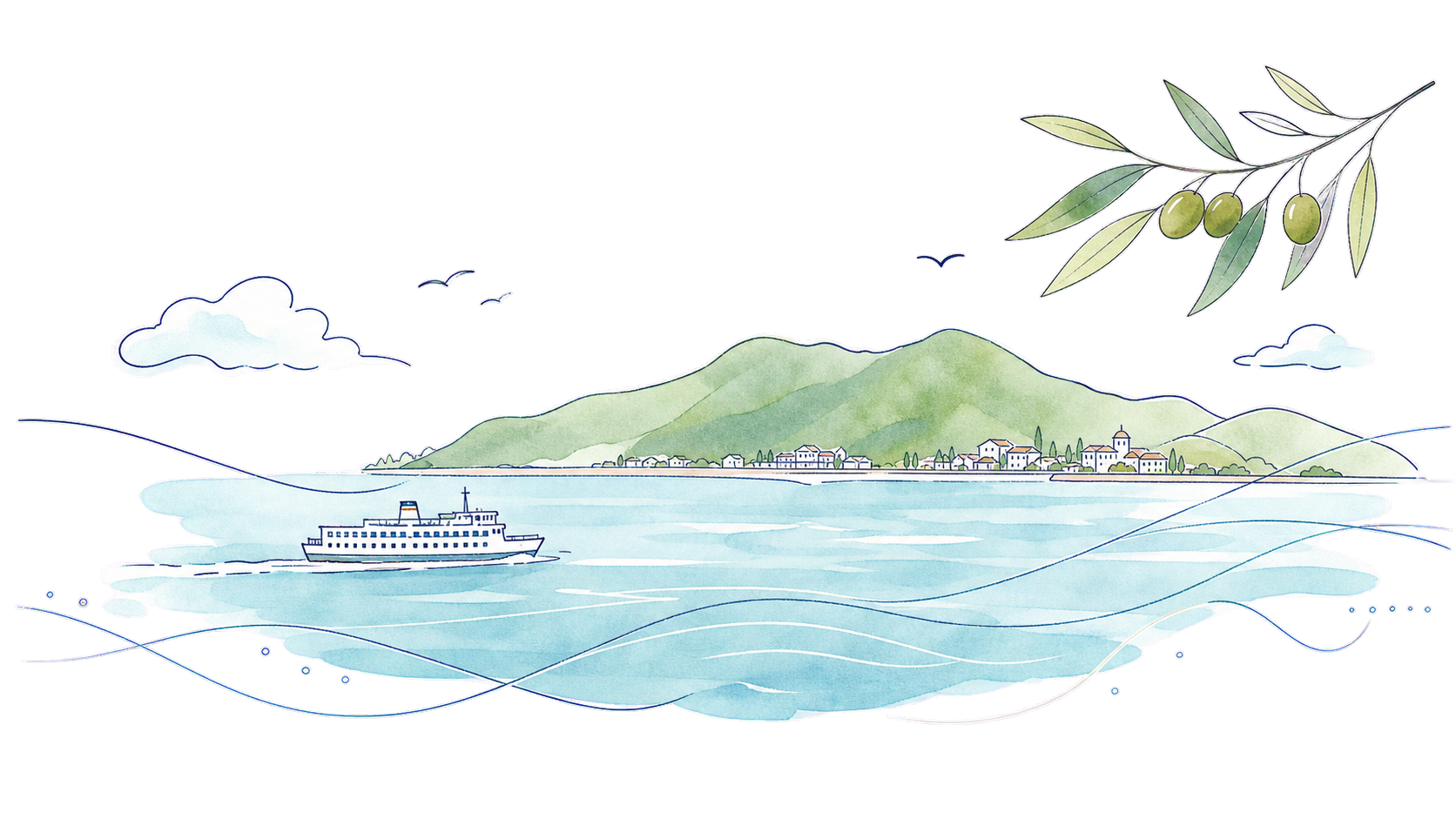 オリーブの枝ごしに望む、瀬戸内海と小豆島の穏やかな島景